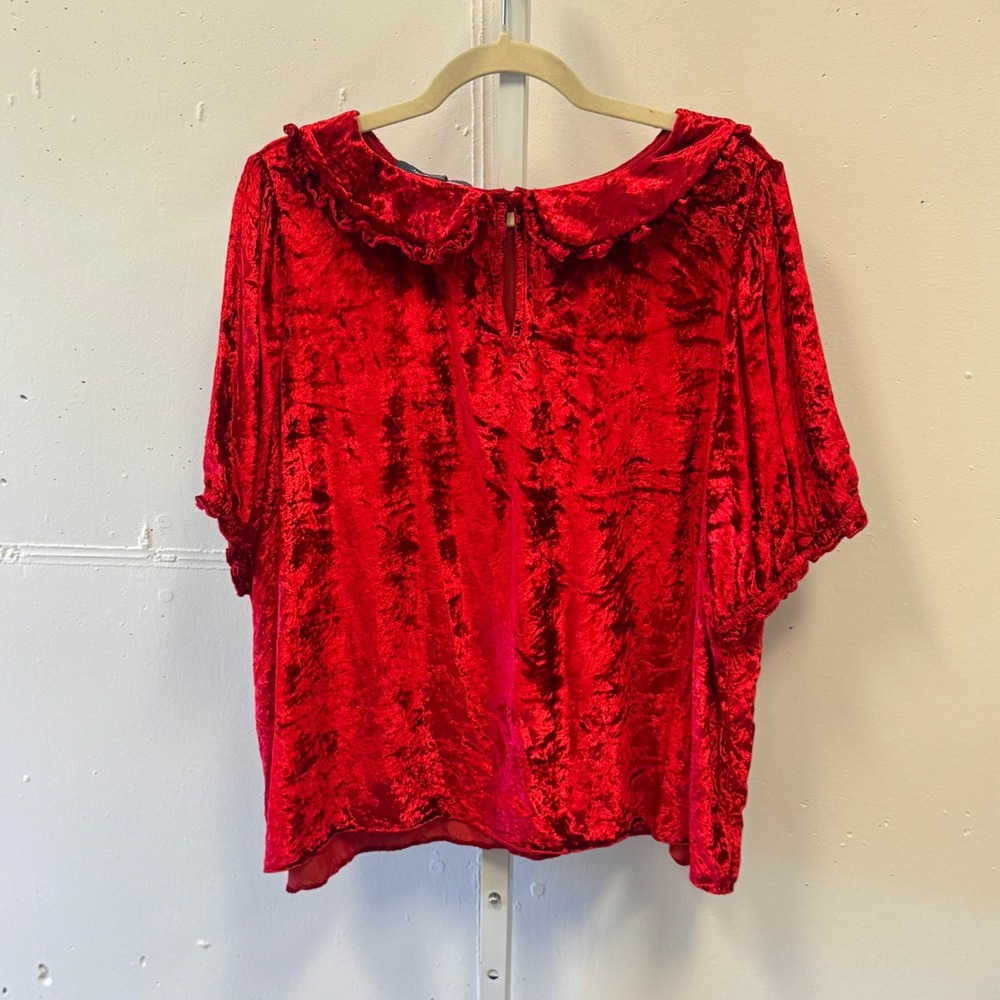 ModCloth Crushed Velvet‎ Peter Pan Collar Puff Sleeve Blouse 2X Red Holiday